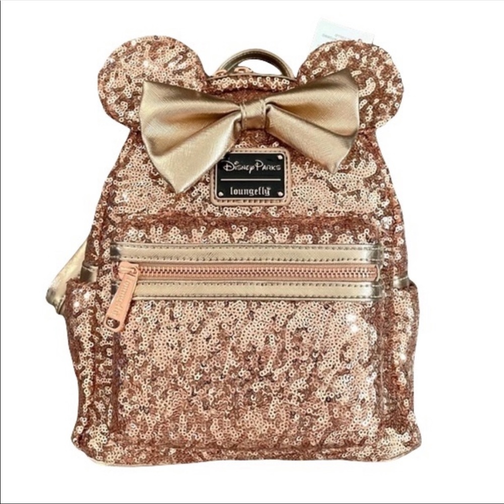 LOUNGEFLY X DISNEY PARKS SPARKLY ROSE GOLD BOOKBAG ONLY WORN ONCE